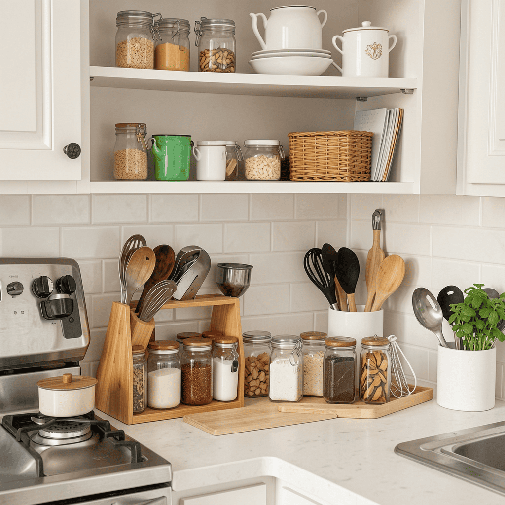 Small kitchen organization ideas with glass storage jars, wooden organizers, baskets, and neatly arranged cooking utensils on open shelves